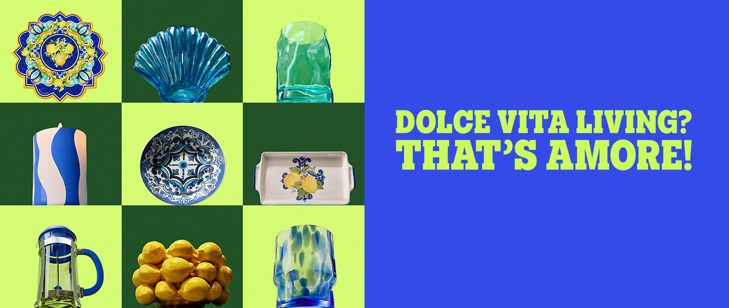 A green grid featuring lemon-inspired decor and blue serveware